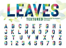 moderne kleurrijke palmblad gecondenseerde letter, bladeren textuur Alfabetletters en cijfers, vector