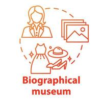 biografisch museum concept icoon. expositie van cultureel materiaal. kleding en spullen tentoongesteld. beroemde persoon geschiedenis tentoonstelling idee dunne lijn illustratie. vector geïsoleerde overzichtstekening