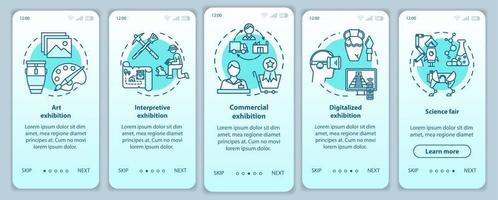 tentoonstelling en museum onboarding mobiele app pagina scherm vector sjabloon. expositie. wetenschapsbeurs. walkthrough website stappen met lineaire illustraties. ux, ui, gui smartphone-interfaceconcept