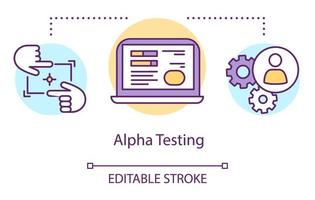 alfa testen concept icoon. het identificeren van bugs voordat de dunne lijnillustratie wordt vrijgegeven. softwaretestproces. problemen en problemen aangeven. vector geïsoleerde overzichtstekening. bewerkbare streek