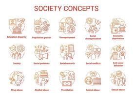 samenleving concept pictogrammen instellen. sociale problemen, gedragsproblemen idee dunne lijn illustratie. geweld en misbruik, werkloosheid, misdaden. sociale conflicten. vector geïsoleerde overzichtstekening. bewerkbare streek