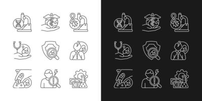 medisch onderzoek lineaire pictogrammen instellen voor donkere en lichte modus. genetische ziekte studie. check veiligheid nieuwe medicatie. aanpasbare dunne lijn symbolen. geïsoleerde vectoroverzichtsillustraties. bewerkbare streek vector