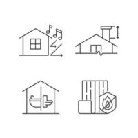 huis bouw veiligheid lineaire pictogrammen instellen. geluidsisolatie. minimale schoorsteenhoogte. weerstand tegen vuur. aanpasbare dunne lijncontoursymbolen. geïsoleerde vectoroverzichtsillustraties. bewerkbare streek vector