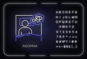 slapeloosheid neon licht icoon. slaaptekort. persoon wakker. slapeloosheid. uitputting, vermoeidheid. mentale stoornis. gloeiend bord met alfabet, cijfers en symbolen. vector geïsoleerde illustratie