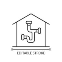 lineair systeempictogram sanitair. installeren van leidingen en armaturen in huis. overzichtelijk leidingnetwerk. dunne lijn aanpasbare illustratie. contour symbool. vector geïsoleerde overzichtstekening. bewerkbare streek