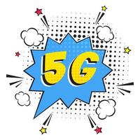 5g nieuwe draadloze internet wifi-verbinding komische stijl toespraak bubble uitroepteken tekst 5g vlakke stijl ontwerp vectorillustratie geïsoleerd op een witte achtergrond. nieuw mobiel internet 5g teken icoon in ballon. vector