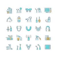 tandheelkunde tools en materialen rgb kleur iconen set. tandheelkundige ingrepen. tand repareren, behandeling. medische apparaten. orthodontie. geïsoleerde vectorillustraties. verzameling eenvoudige gevulde lijntekeningen vector