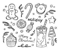 set kersttekeningen in doodle-stijl. vector grafische illustraties van peperkoek, drankjes, snoep en ijs.