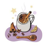 een kopje koffie met kaneel en een houten lepel. vectorillustratieconcept voor blog en receptenboeken vector