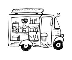 voedsel vrachtwagen doodle illustratie. ijs, snoep en drankjes. vectorachtergrond voor menu en verpakking van cafés en restaurants. vector