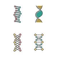 dna-ketens gekleurde pictogrammen instellen. deoxyribonucleic, nucleïnezuur helix. spiraalvormige strengen. chromosoom. moleculaire biologie. genetische code. genoom. genetica. geneesmiddel. geïsoleerde vectorillustraties vector