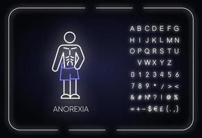 anorexia neonlicht icoon. eetstoornis. ondergewicht lichaam. slank en mager persoon. ongezond afvallen. mentale gezondheid. gloeiend bord met alfabet, cijfers en symbolen. vector geïsoleerde illustratie