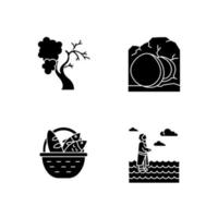 bijbel verhalen glyph pictogrammen instellen. vijgenboom, open kist, brood en vis, jezus lopend op water. Paasweek. heilige schrift. evangelie studeren, leren. silhouet symbolen. vector geïsoleerde illustratie