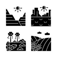 landvormen zwarte glyph pictogrammen instellen op witruimte. sediment en rotsformaties. plateau en löss. warme klimaatregio. jungle en regenwoud. silhouet symbolen. vector geïsoleerde illustratie