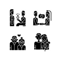 stadia van romantische relatie zwarte glyph pictogrammen ingesteld op witruimte. man die een vrouw voorstelt. huwelijk, huwelijksgeloften. bejaarde echtpaar verliefd. silhouet symbolen. vector geïsoleerde illustratie