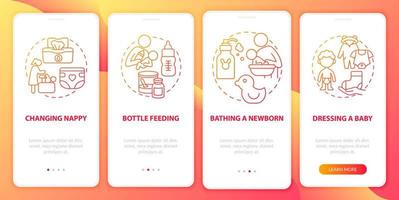 zuigelingenzorg rode gradiënt onboarding mobiele app paginascherm. babyverpleging walkthrough 4 stappen grafische instructies met concepten. ui, ux, gui vectorsjabloon met lineaire kleurenillustraties vector