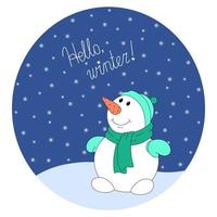 schattige lachende sneeuwpop in cartoon-stijl. vectorillustratie met letters voor Kerstmis of Nieuwjaar vector