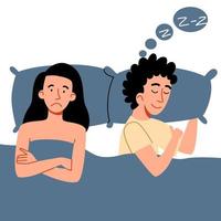 een paar mannen en vrouwen die in bed liggen. het concept van een seksueel of intiem probleem tussen romantische partners. vector