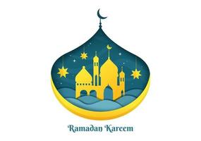 ramadan kareem met moskee, lantaarns en maan in platte achtergrond vectorillustratie voor religieuze vakantie islamitische eid fitr of adha festival spandoek of poster vector