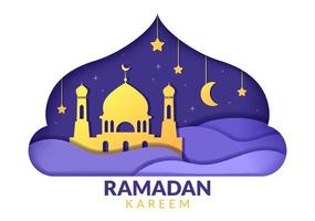 ramadan kareem met moskee, lantaarns en maan in platte achtergrond vectorillustratie voor religieuze vakantie islamitische eid fitr of adha festival spandoek of poster vector