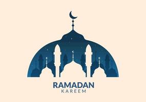 ramadan kareem met moskee, lantaarns en maan in platte achtergrond vectorillustratie voor religieuze vakantie islamitische eid fitr of adha festival spandoek of poster vector