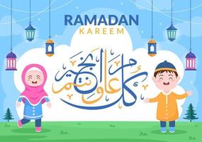 ramadan kareem met mensen, moskee, lantaarns en maan in platte achtergrond vectorillustratie voor religieuze vakantie islamitische eid fitr of adha festival spandoek of poster vector