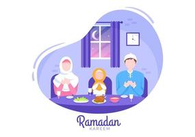 ramadan kareem met het breken van het vasten, iftar of sahur in platte achtergrond vectorillustratie voor religieuze vakantie islamitische eid fitr en adha festival spandoek of poster vector