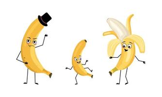familie van bananenfruitkarakters met gelukkige emoties, glimlachgezicht, gelukkige ogen, armen en benen. moeder is blij, vader draagt hoed en kind danst. platte vectorillustratie vector