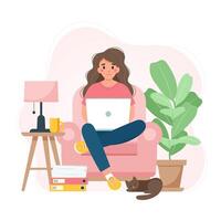 werk vanuit huis concept, vrouw op een stoel met laptop, student of freelancer. schattige vectorillustratie in vlakke stijl vector