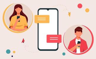 mannelijke en vrouwelijke chatten via telefoon concept vectorillustratie, personages met behulp van mobiele app voor dating en communicatie