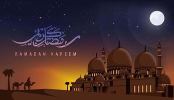 ramadhan kareem ontwerp met sterrenhemel en moskee achtergrond vectorillustratie