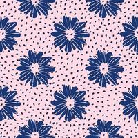 simle bloemenkrabbel naadloos patroon met daysies. marineblauwe botanische elementen op roze gestippelde achtergrond. naïeve achtergrond. vector