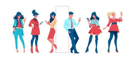 groep trendy en zakenmensen staan met telefoon in hun hand. set van mode mensen op een geïsoleerde achtergrond. platte vectorillustratie vector