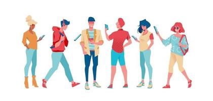 groep trendy en zakenmensen staan met telefoon in hun hand. set van mode mensen op een geïsoleerde achtergrond. platte vectorillustratie vector
