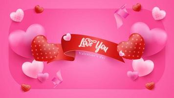 roze Valentijnsdag achtergrond met 3D-harten. vectorillustratie. schattige liefde banner of wenskaart. vector