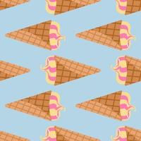 naadloos voedselpatroon met ijs in wafelkegel. blauwe achtergrond en crème in gele en roze kleuren. vector