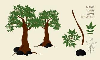 boom en wortel met schets bladeren illustratie en creatie set vector
