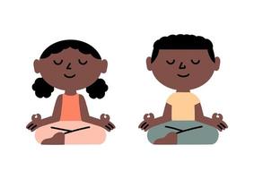 Afro-Amerikaanse kinderen mediteren in de lotushouding, een meditatieconcept. schattige karakters. hand getrokken, vectorillustratie. vector