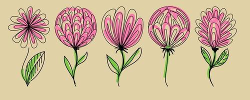 bloemen, handgetekende doodle-stijlelementen. fantasie bloemen, knoppen en bladeren. een set bloemen in een enkele stijl. zwarte patronen. vector