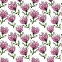 een naadloos patroon van bloemen, handgetekende doodle-stijlelementen. grillige bloemen, knoppen en erwten. zwarte patronen met roze en groene vlekken. vector