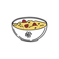 handgetekende, doodle-achtige pap met bessen. tijd om op te staan. ontbijt. ochtend. aardbeien en havermout. eenvoudige vector in doodle stijl.