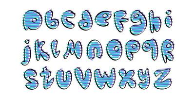 uit de vrije hand doodle-stijl lettertype met glitch-effect. alfabet met afgeronde geblazen letters. goed voor ansichtkaarten, posters, menuontwerpen of kinderboeken. vectorillustratie. vector