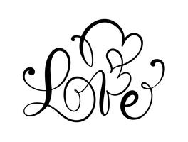 Houd van kalligrafische vectortekst met romantische harten. Handgeschreven inkt belettering valentijn concept. Moderne borstelkalligrafie, op witte achtergrond wordt geïsoleerd die vector