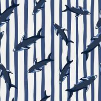 dierlijk oceaan naadloos patroon met willekeurige print van haaiensilhouetten. gestreepte achtergrond. doodle stijl. vector