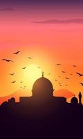 donkere moskee silhouet op kleurrijke oranje en violet avondrood en wolken achtergrond. vector banner illustratie