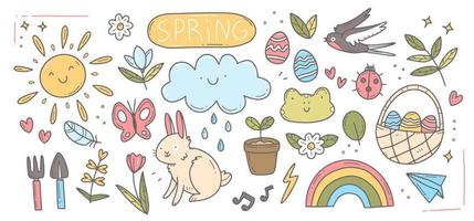 lente doodle set. leuke set lente cliparts, Pasen elementen. vector geïsoleerde illustratie.