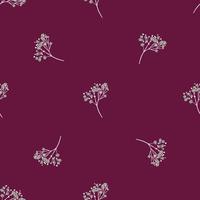 minimalistische naadloze patroon met doodle hand getrokken gipskruid ornament. paarse donkere achtergrond. vector