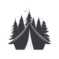 naaldbos en tent logo. kamperen en dieren in het wild. landschappen met pijnbomen. embleem of badge, toeristische tent, reizen. vector. vector