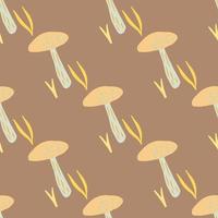 herfst palet naadloze doodle patroon met champignons. beige bos wilde schimmel silhouetten op bruine achtergrond. vector