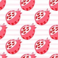 helder contrast granaat naadloos patroon. roze fruit doodle silhouetten op witte gestripte achtergrond. vector